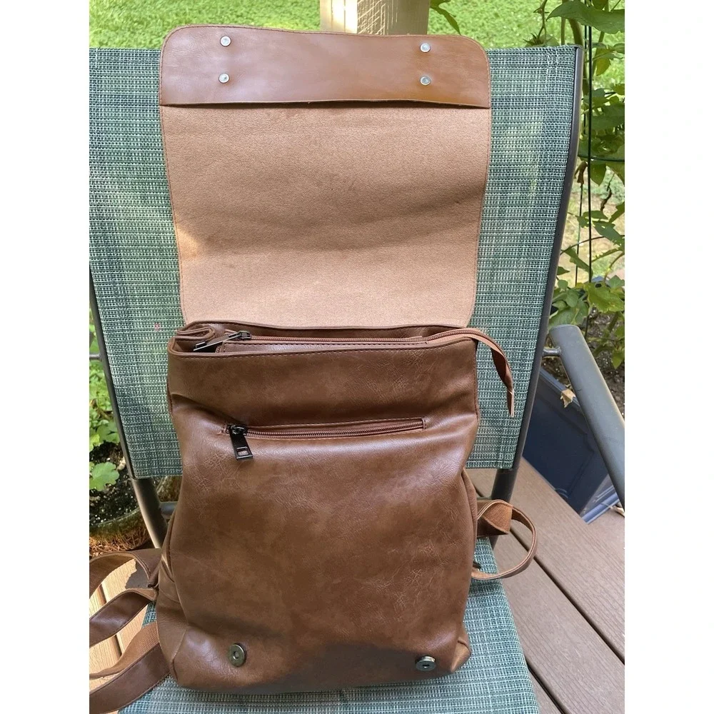 LXY Vegan Leather Backpack Brown Flap Buckle Laptop Pocket Travel Bag